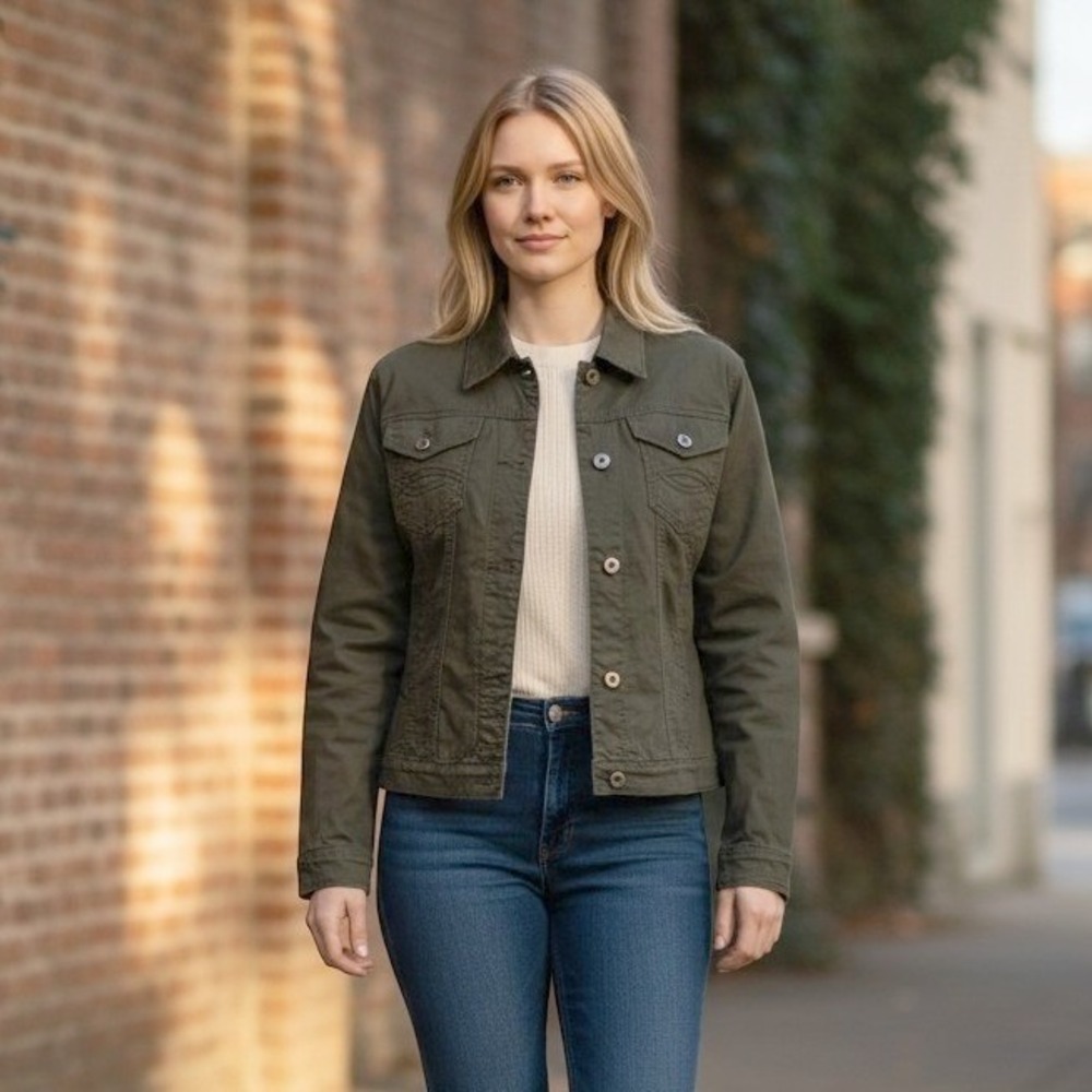 Ethyl Womens Trucker Jacket L Olive Stretch Utility Coastal Cowgirl Earthy Gorp